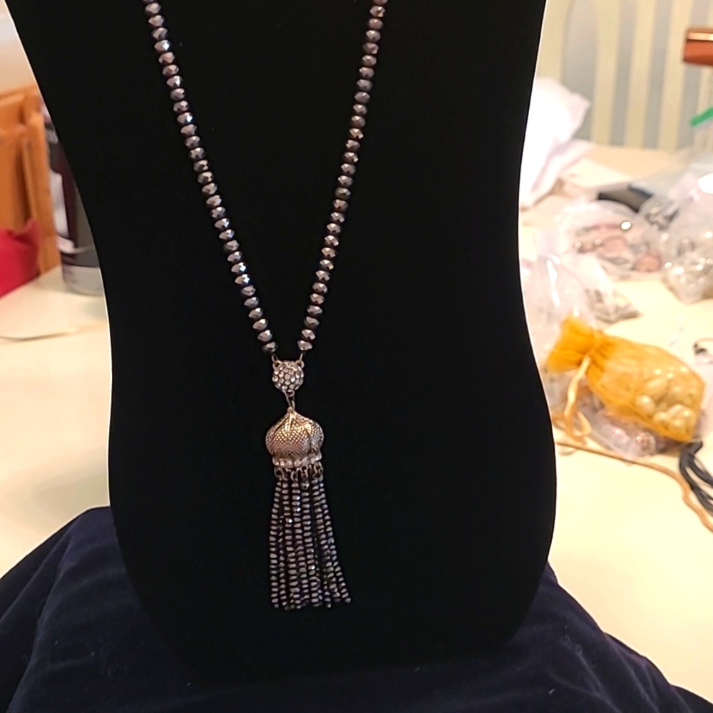 Long Necklace with Tassle And stone Pendant